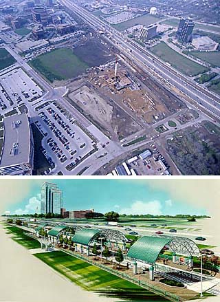 Galatyn Park, a 500-acre multiuse complex being built 
around a DART station in Richardson's Telecom 
Corridor, is one of several projects bringing 
transit-oriented development to Dallas auto-dependent 
suburbs, even before DART actually gets there. To the 
north, Plano (top left) is planning a mixed-use town 
center around its station-to-be.